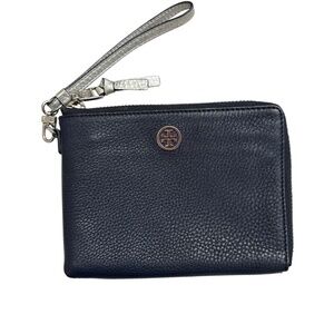 Tory Burch dark navy blue leather large wristlet clutch bag in pebbled leather